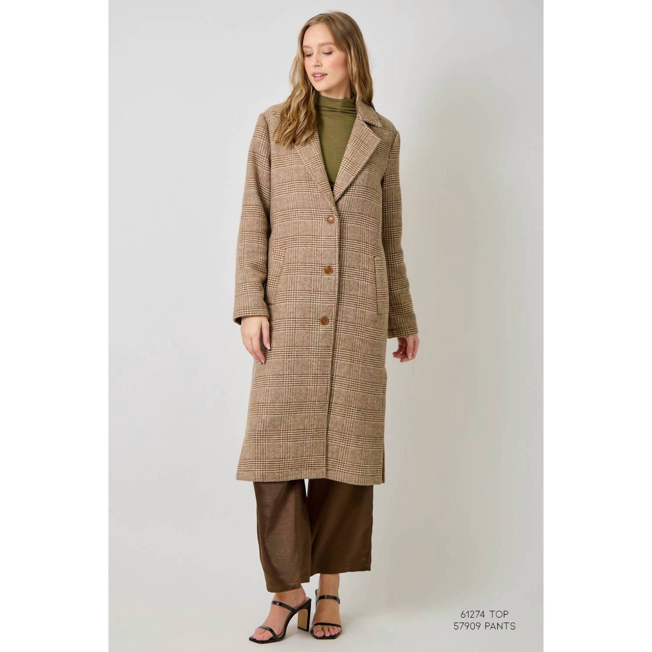 New Mystree Houndstooth Plaid Long Coat In Latte